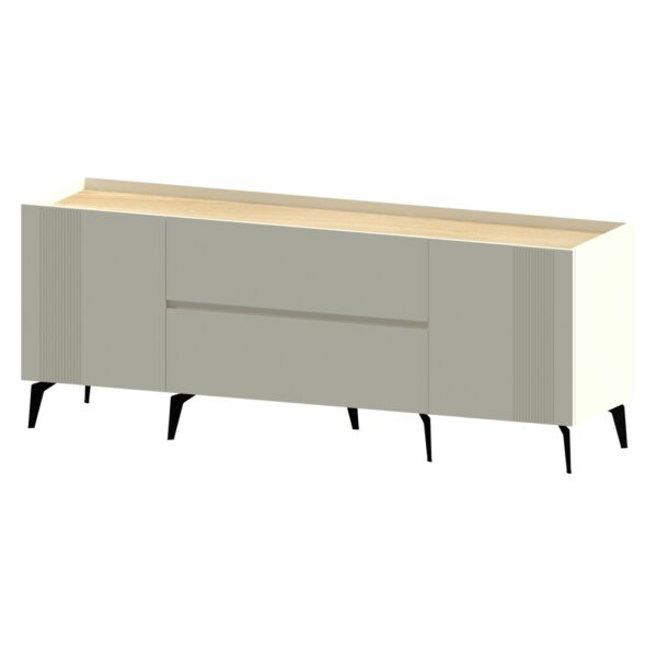 Comoda MDF 200 cm alb RAL 9016 cu blat stejar si picioare metalice