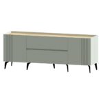 Comoda MDF 200 cm alb murdar cu blat stejar și picioare metalice negre