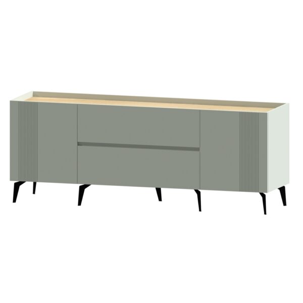 Comoda MDF 200 cm alb murdar cu blat stejar și picioare metalice negre