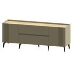 Comoda MDF 200 cm mocha mousse cu blat stejar si picioare metalice negre