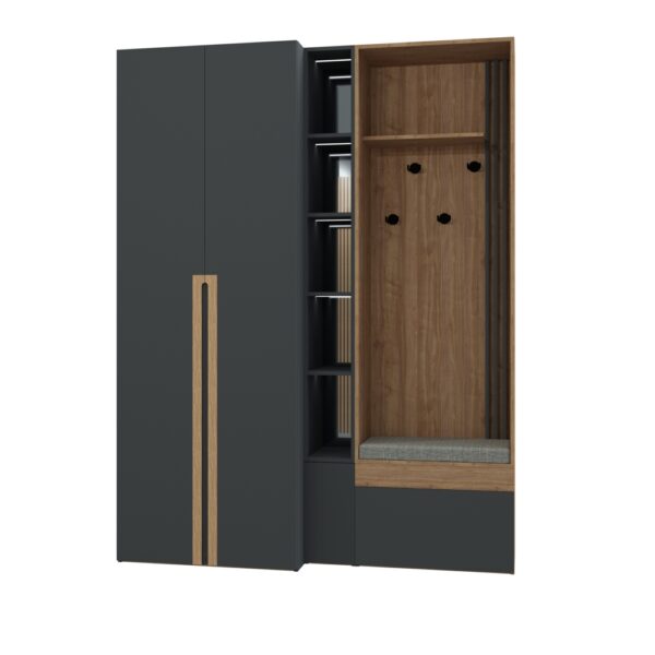 dulap cuier pantofar, mobilier hol modern, dulap MDF vopsit, băncuță cuier hol, pantofar cu băncuță stejar, mobilier intrare.