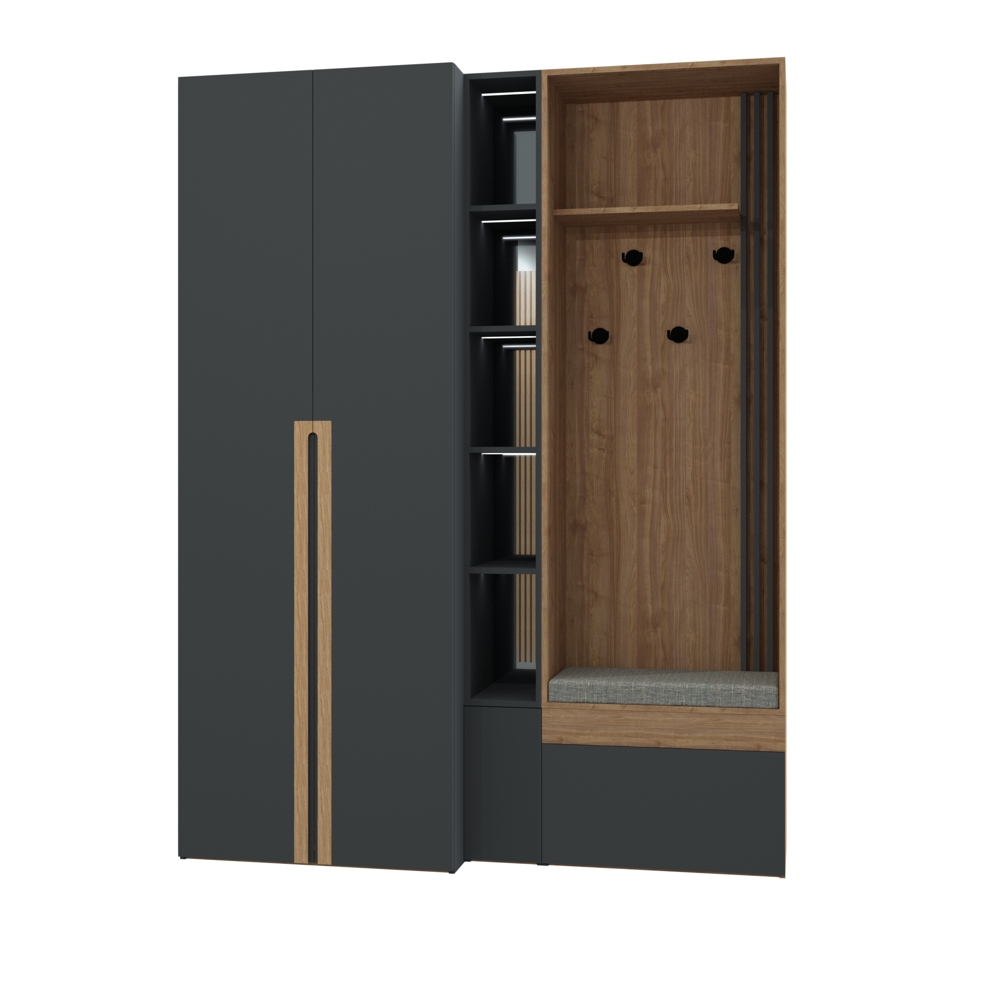 dulap cuier pantofar, mobilier hol modern, dulap MDF vopsit, băncuță cuier hol, pantofar cu băncuță stejar, mobilier intrare.