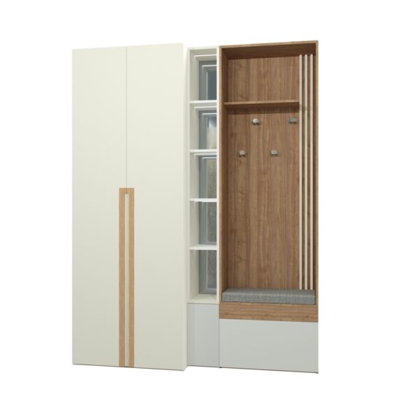 dulap cuier alb, pantofar alb hol, mobilier alb modern, dulap MDF vopsit alb, cuier hol cu băncuță, mobilier intrare alb stejar