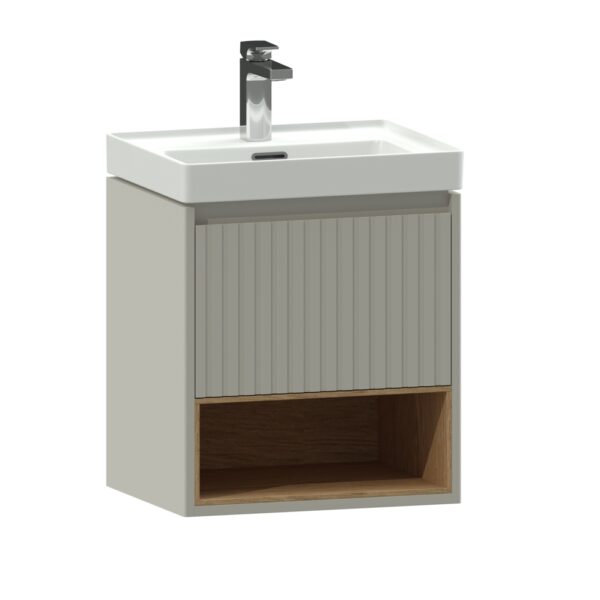 Mobilier Baie Suspendat Pirineo cu Lavoar Cersanit – MDF Vopsit, Furnir Stejar, Feronerie Blum